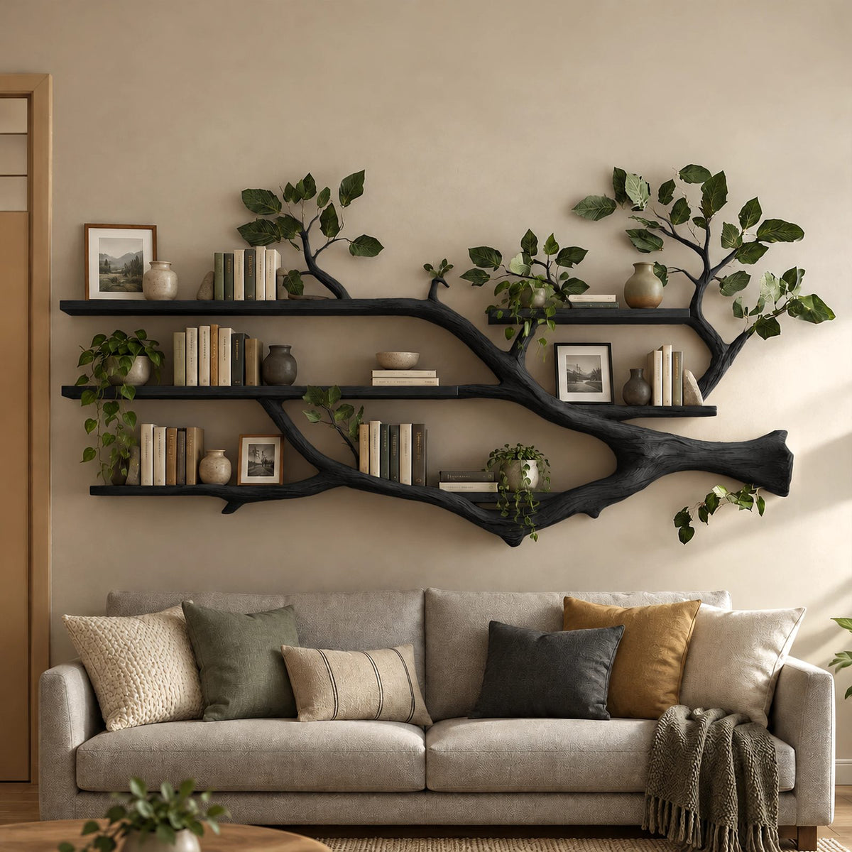 Organic Tree Branch Floating Shelf With 3 Tiers For Living Room
