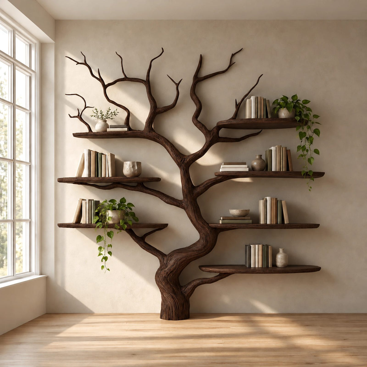 Sculptural Tree Bookshelf With 7 Branch Shelves For Living Room