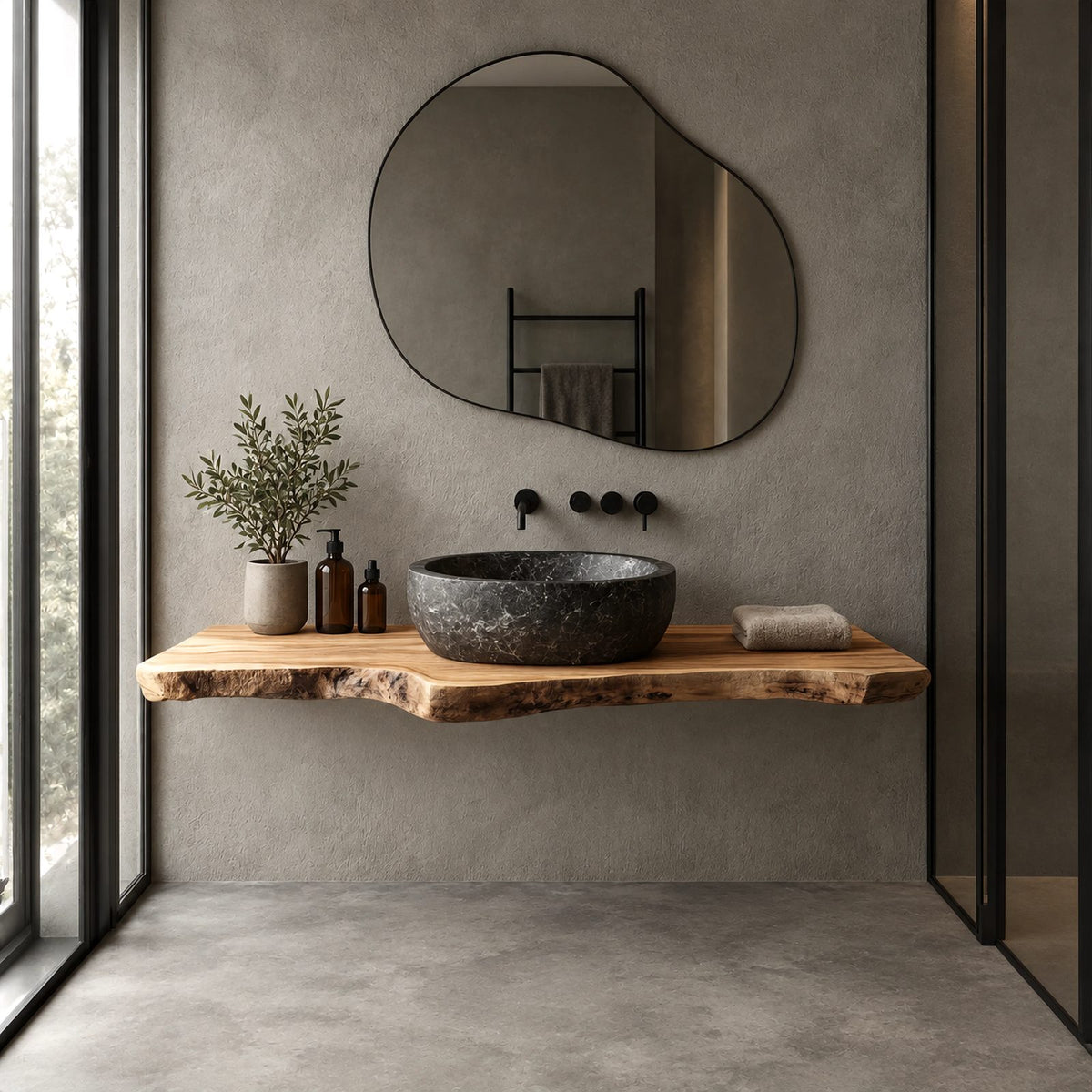 Minimalist Live Edge Floating Bathroom Vanity With Slim Natural Slab