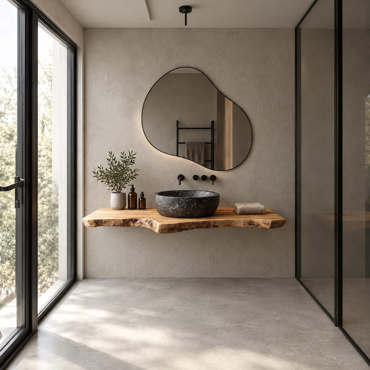 Minimalist Live Edge Floating Bathroom Vanity With Slim Natural Slab