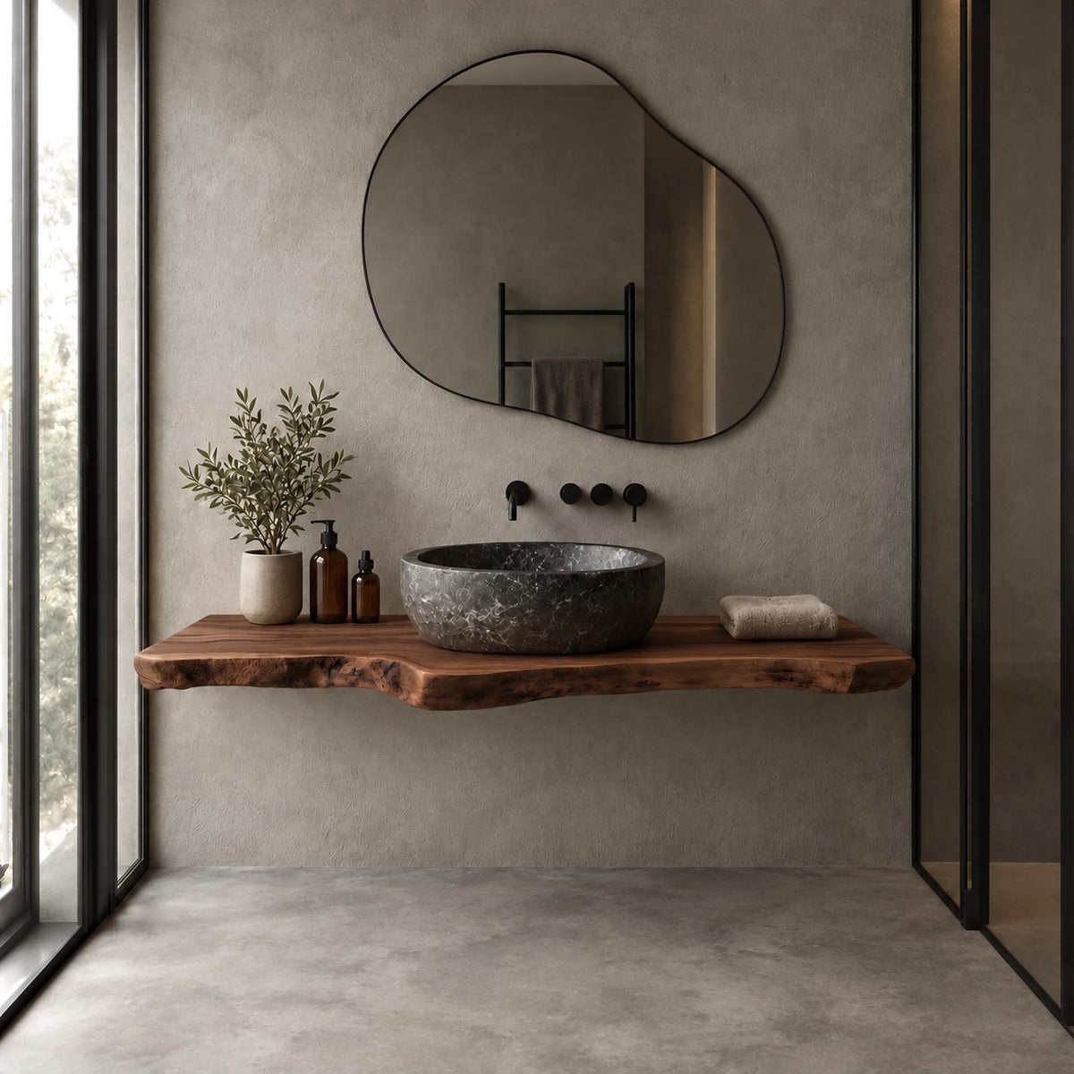 Minimalist Live Edge Floating Bathroom Vanity With Slim Natural Slab
