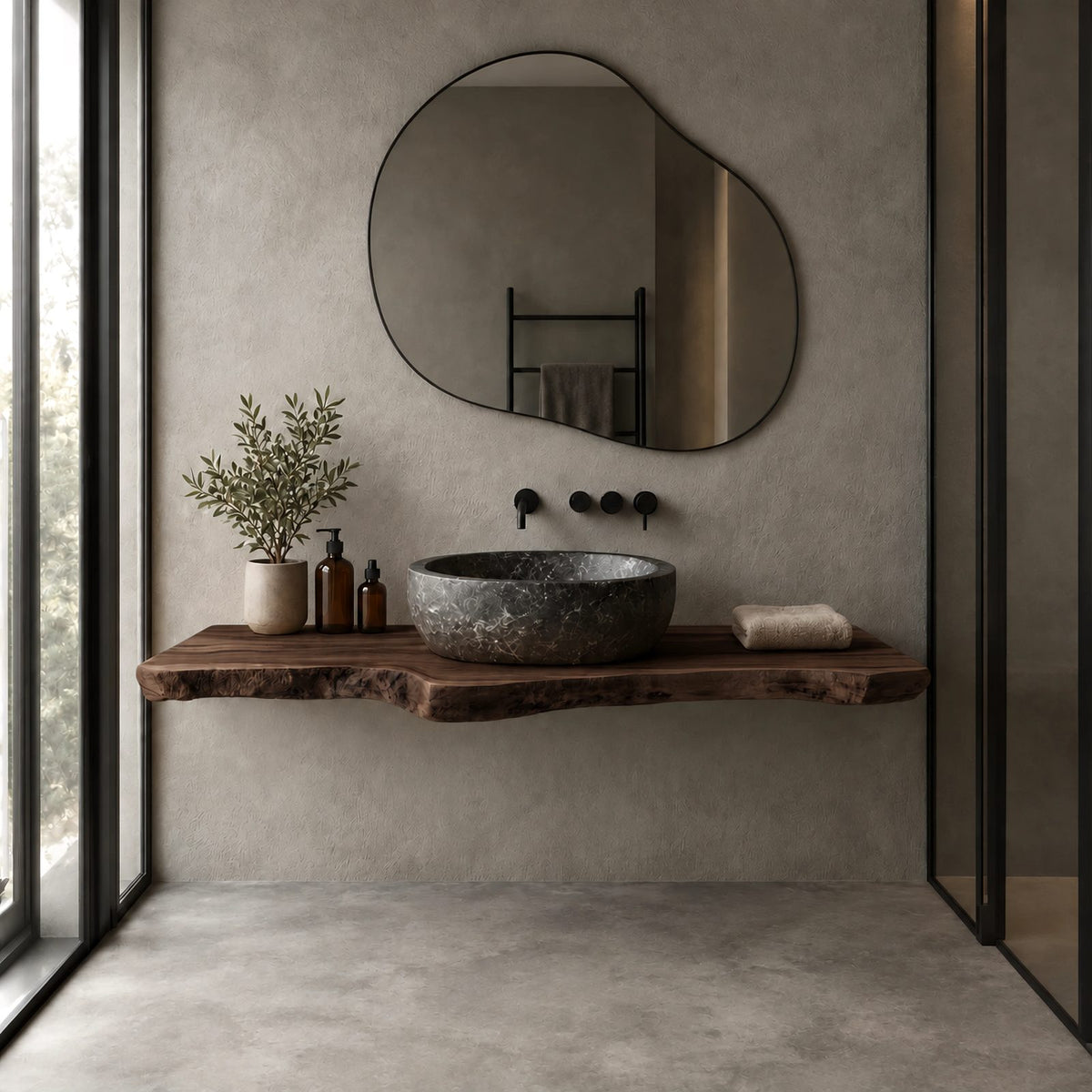 Minimalist Live Edge Floating Bathroom Vanity With Slim Natural Slab