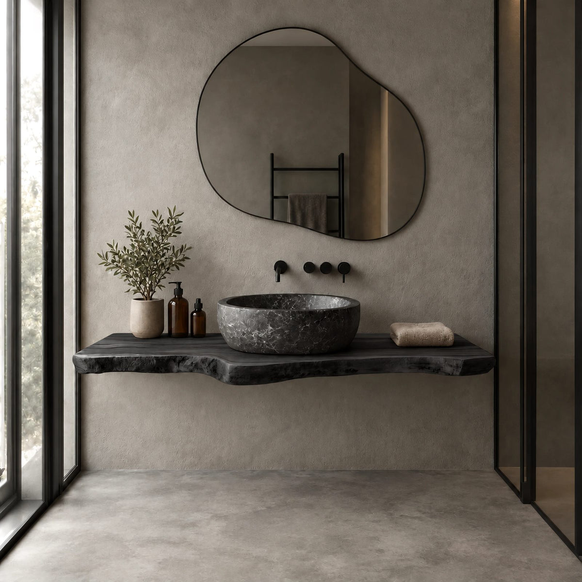 Minimalist Live Edge Floating Bathroom Vanity With Slim Natural Slab