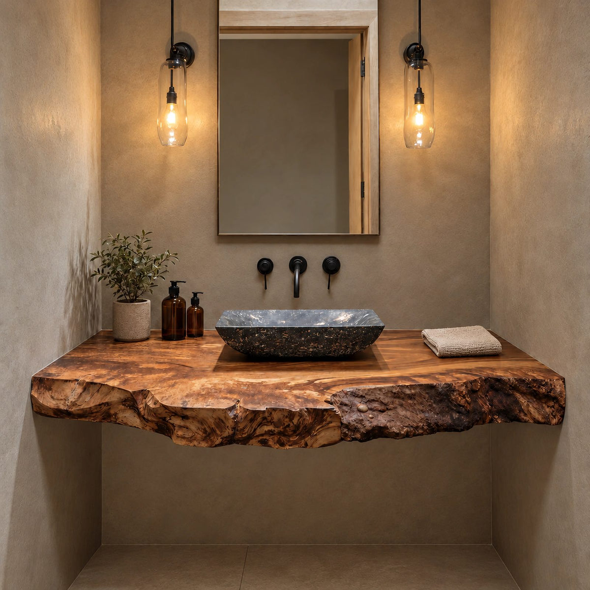 Rustic Live Edge Floating Bathroom Vanity With Rough Burl Edge Slab