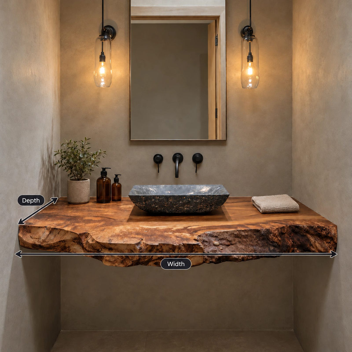 Rustic Live Edge Floating Bathroom Vanity With Rough Burl Edge Slab