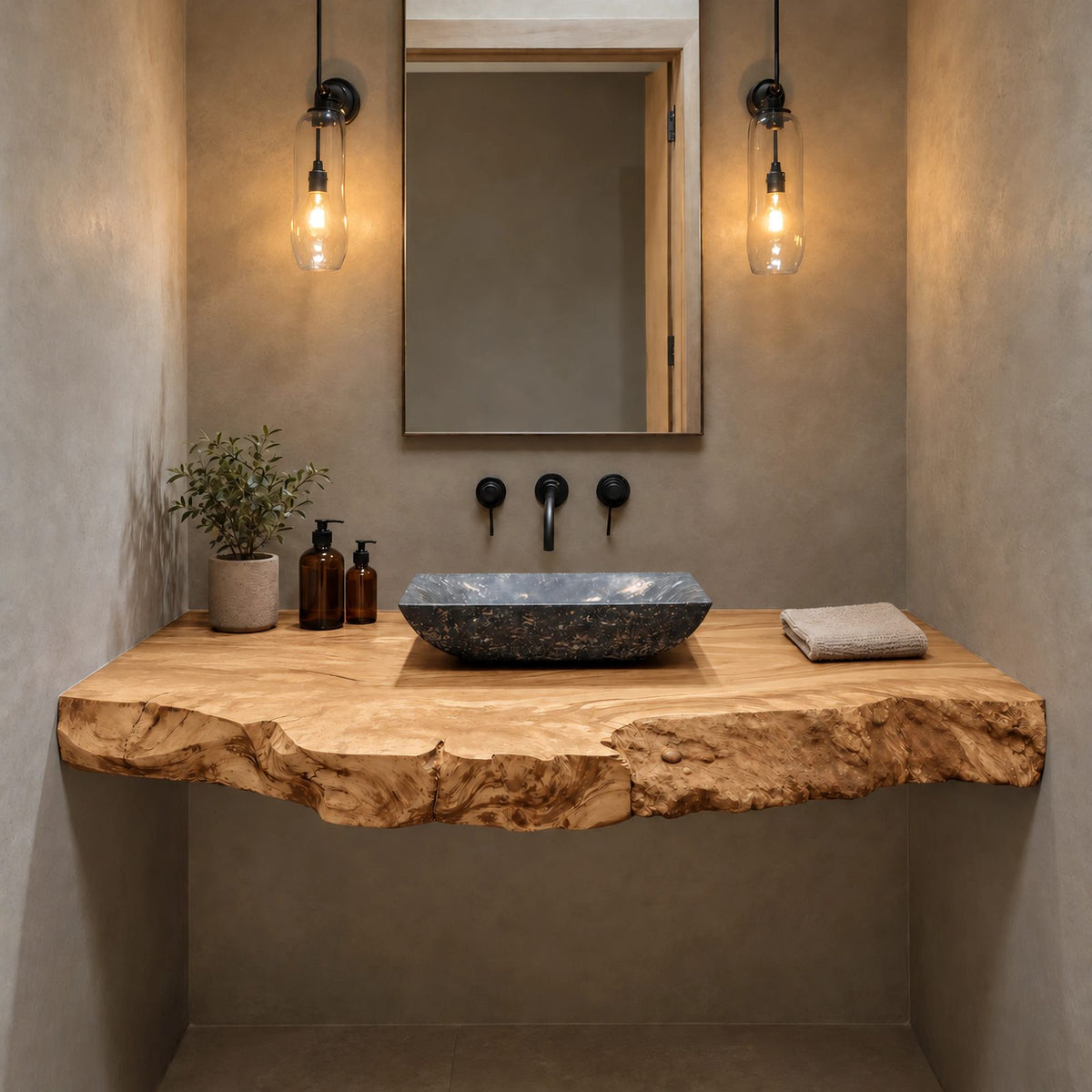 Rustic Live Edge Floating Bathroom Vanity With Rough Burl Edge Slab