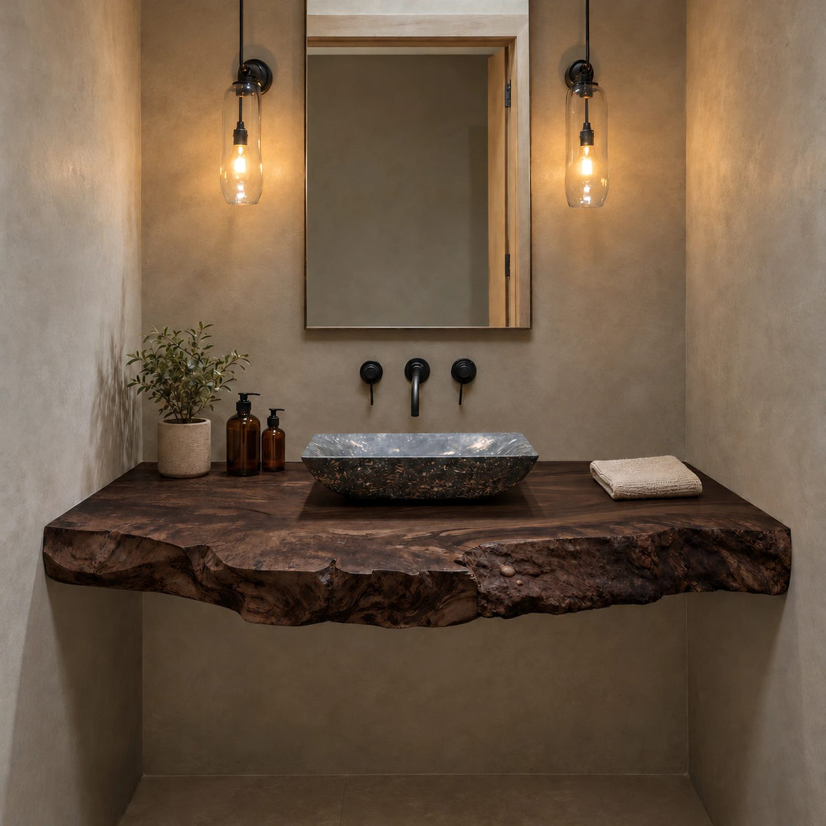 Rustic Live Edge Floating Bathroom Vanity With Rough Burl Edge Slab