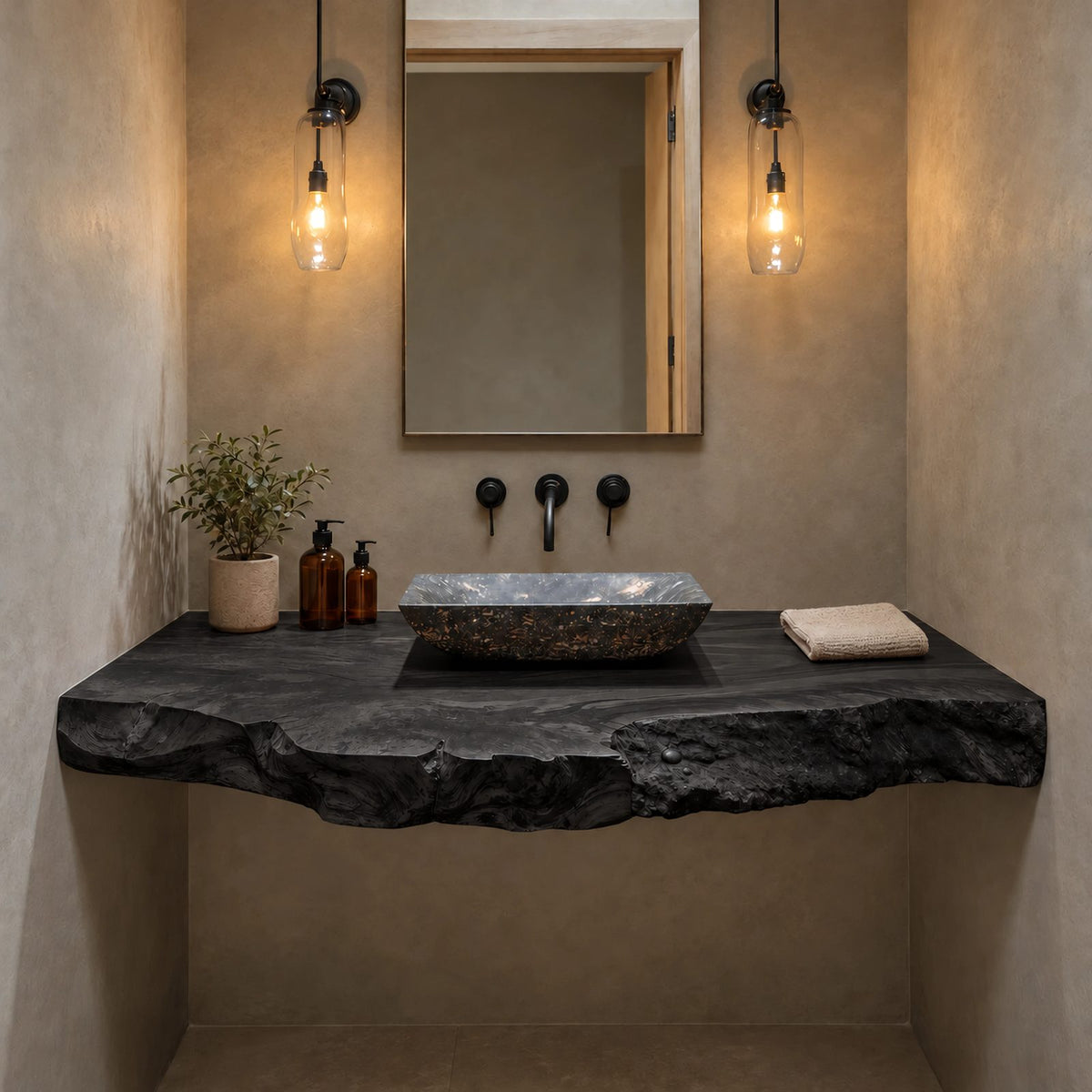 Rustic Live Edge Floating Bathroom Vanity With Rough Burl Edge Slab