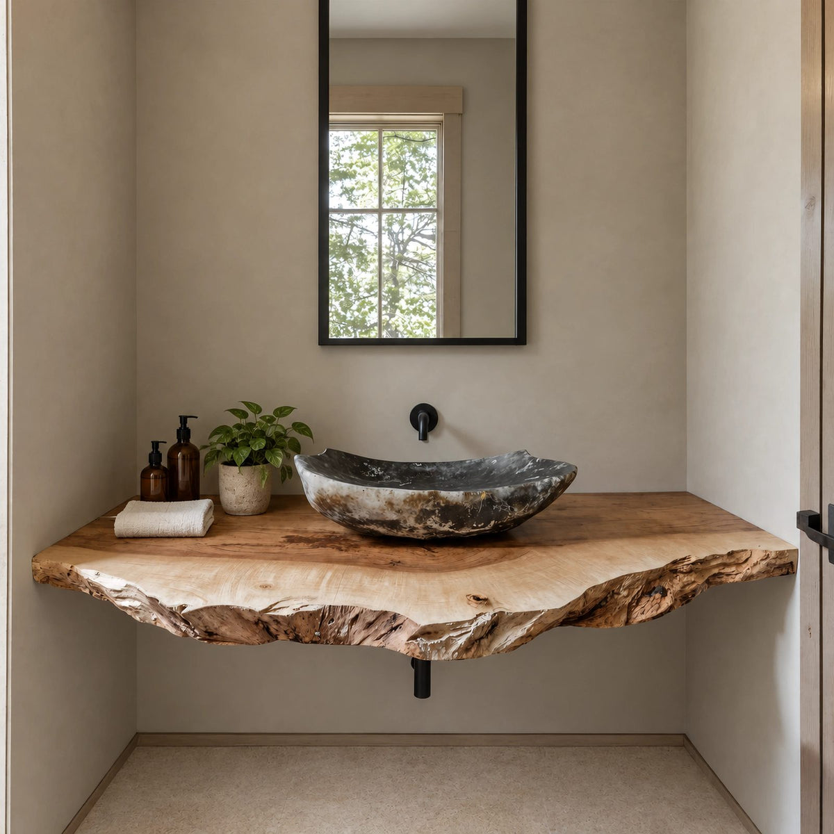 Warm Modern Natural Edge Bathroom Vanity Shelf With Wavy Slab Front