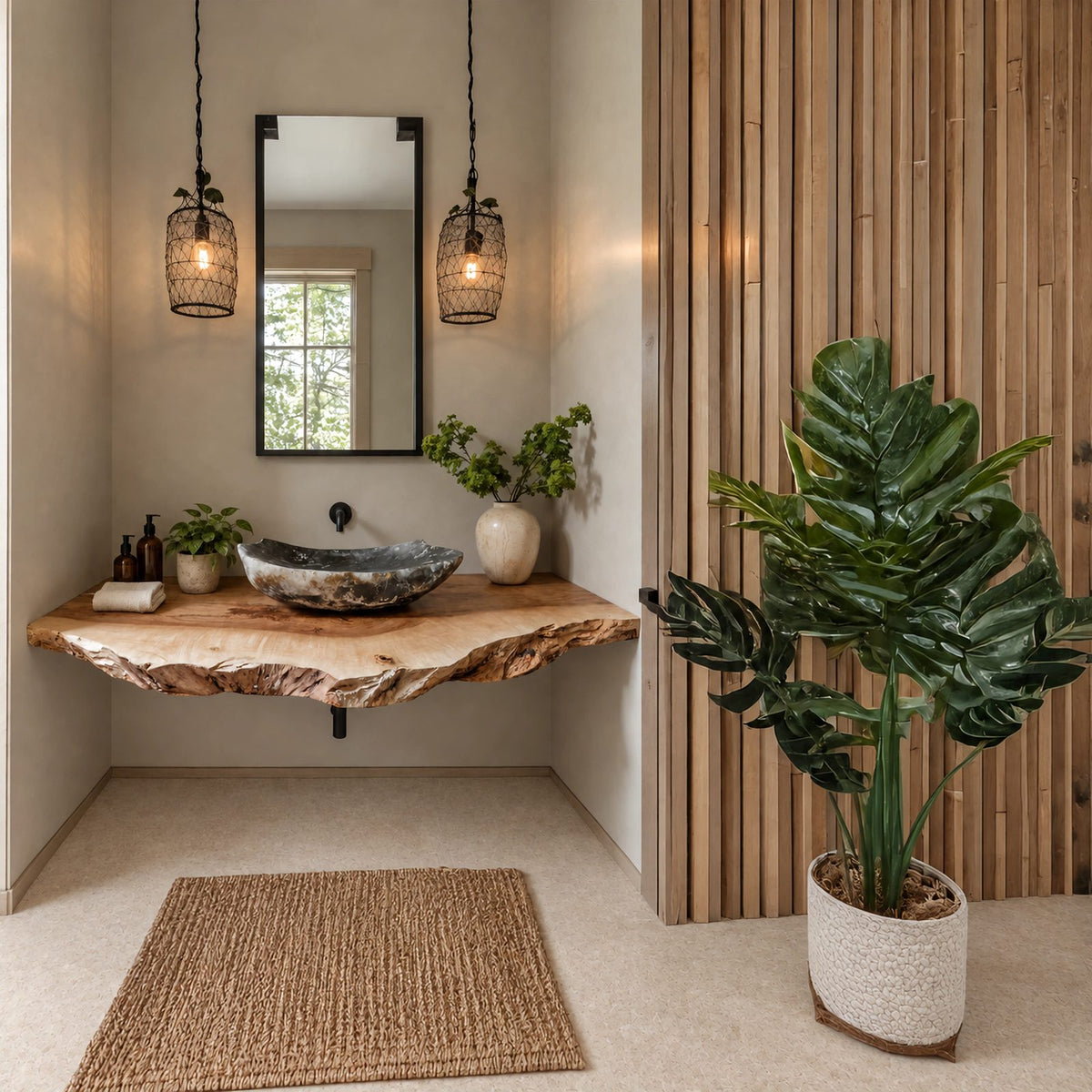 Warm Modern Natural Edge Bathroom Vanity Shelf With Wavy Slab Front