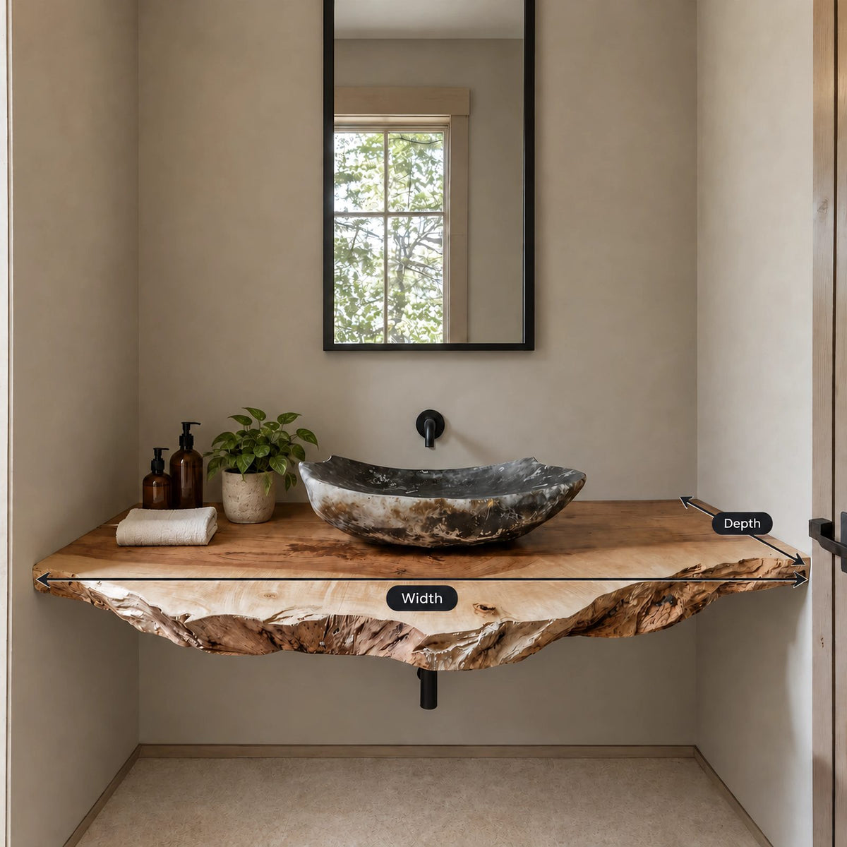 Warm Modern Natural Edge Bathroom Vanity Shelf With Wavy Slab Front