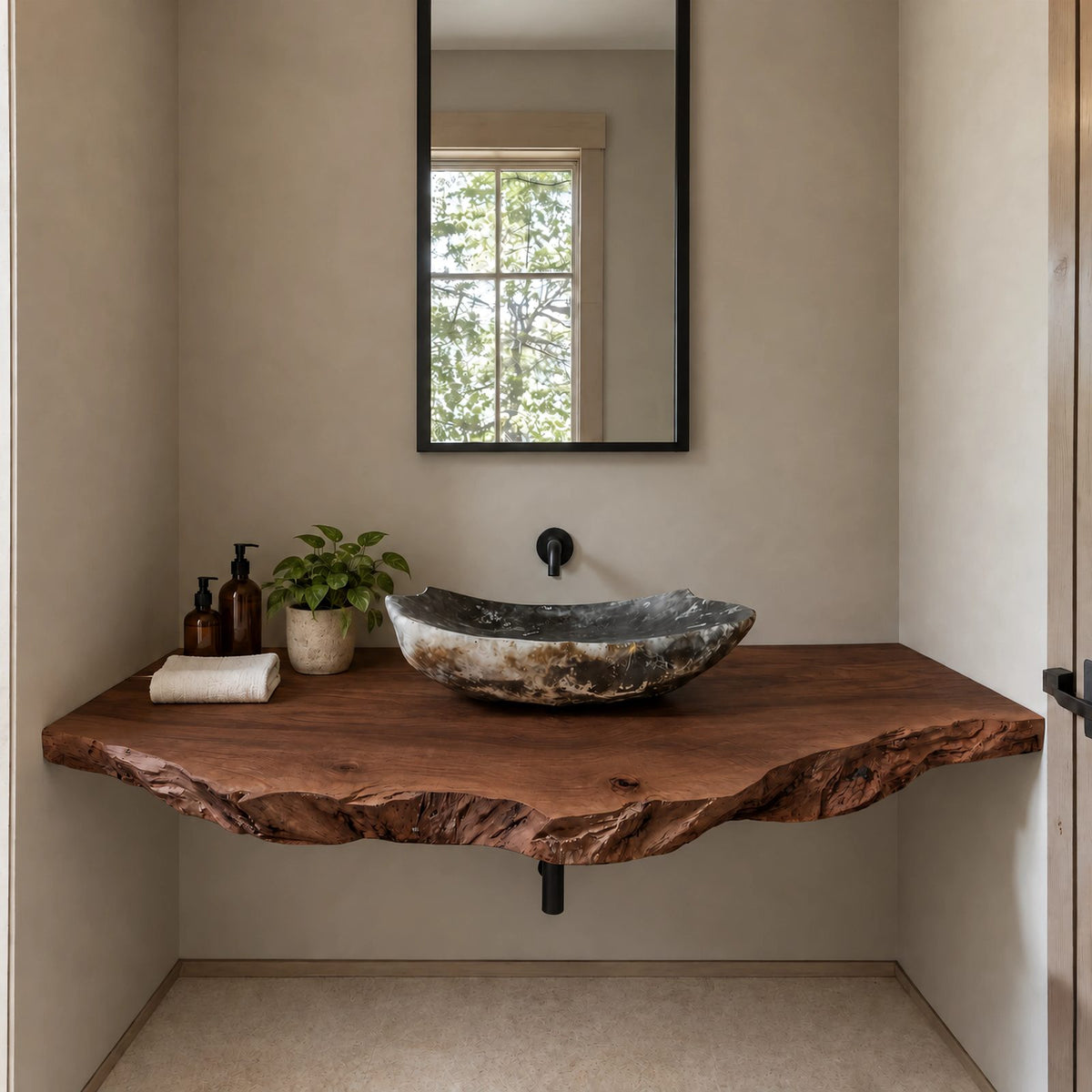 Warm Modern Natural Edge Bathroom Vanity Shelf With Wavy Slab Front