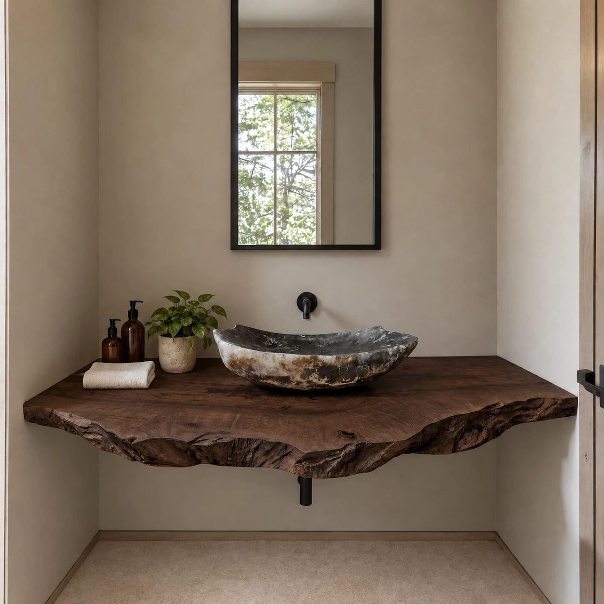 Warm Modern Natural Edge Bathroom Vanity Shelf With Wavy Slab Front