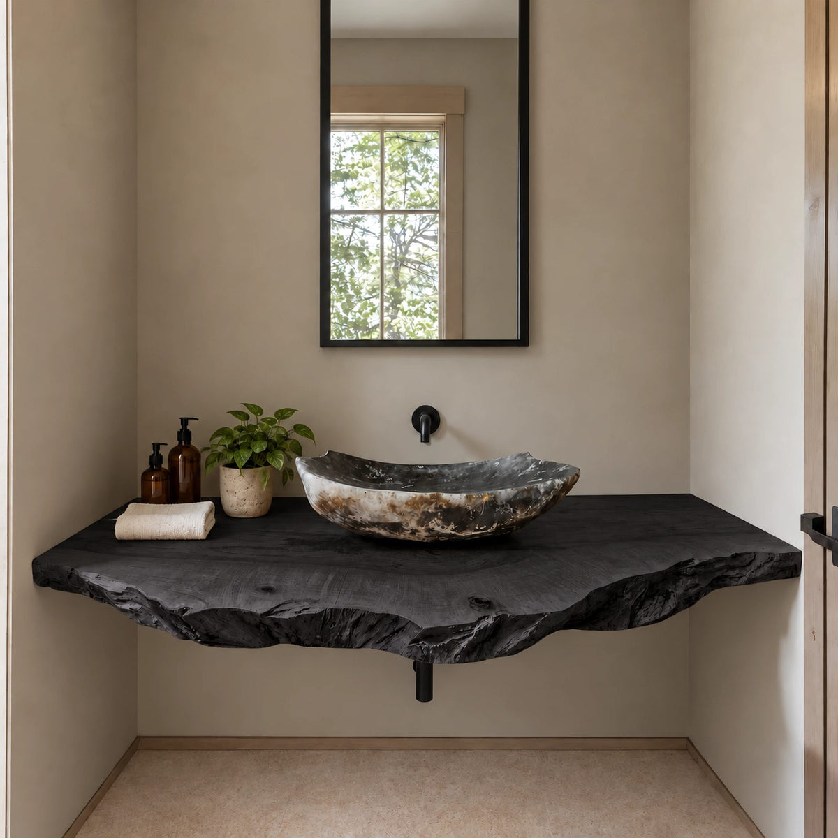 Warm Modern Natural Edge Bathroom Vanity Shelf With Wavy Slab Front