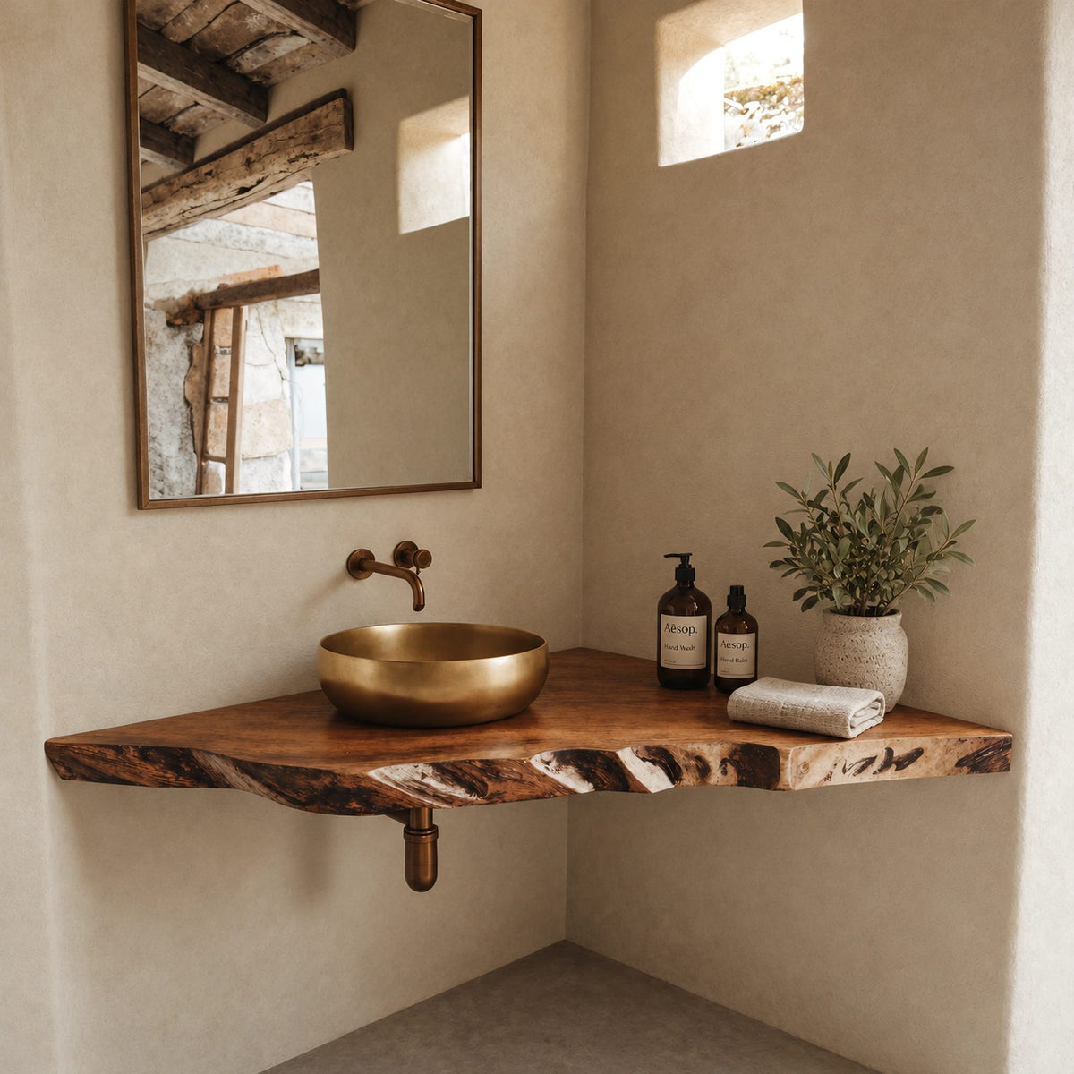 Farmhouse Live Edge Corner Bathroom Vanity With Floating Slab Top