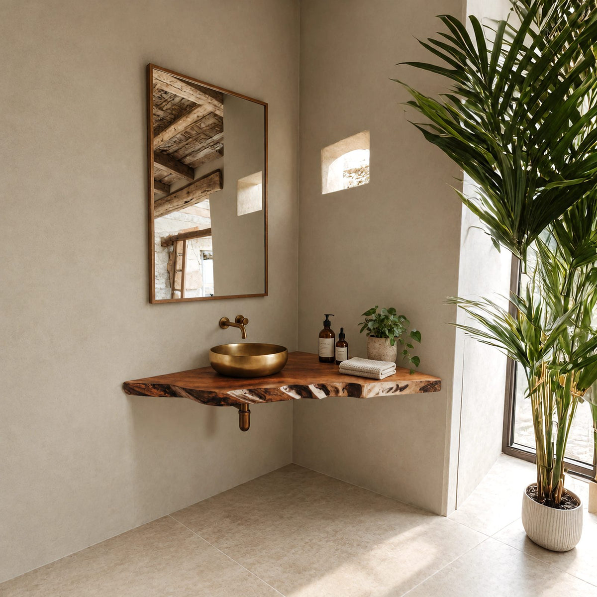 Farmhouse Live Edge Corner Bathroom Vanity With Floating Slab Top