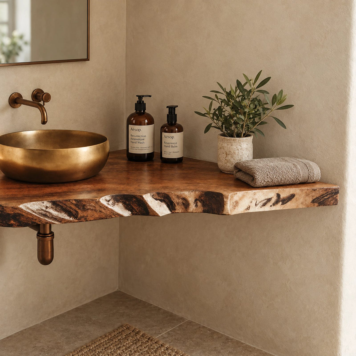 Farmhouse Live Edge Corner Bathroom Vanity With Floating Slab Top
