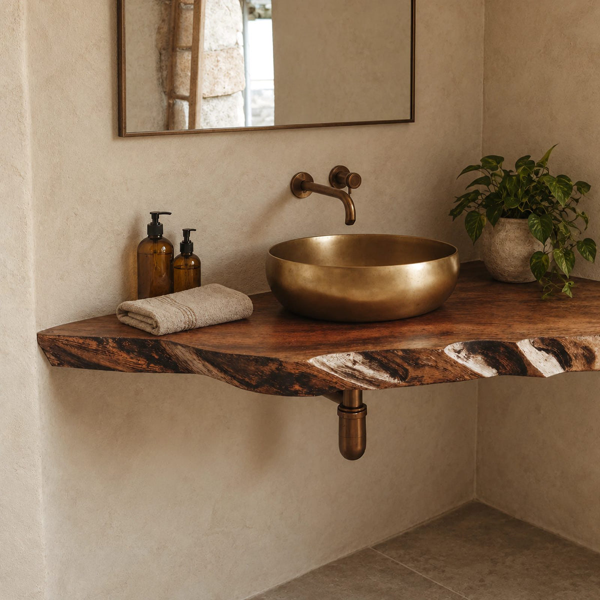 Farmhouse Live Edge Corner Bathroom Vanity With Floating Slab Top