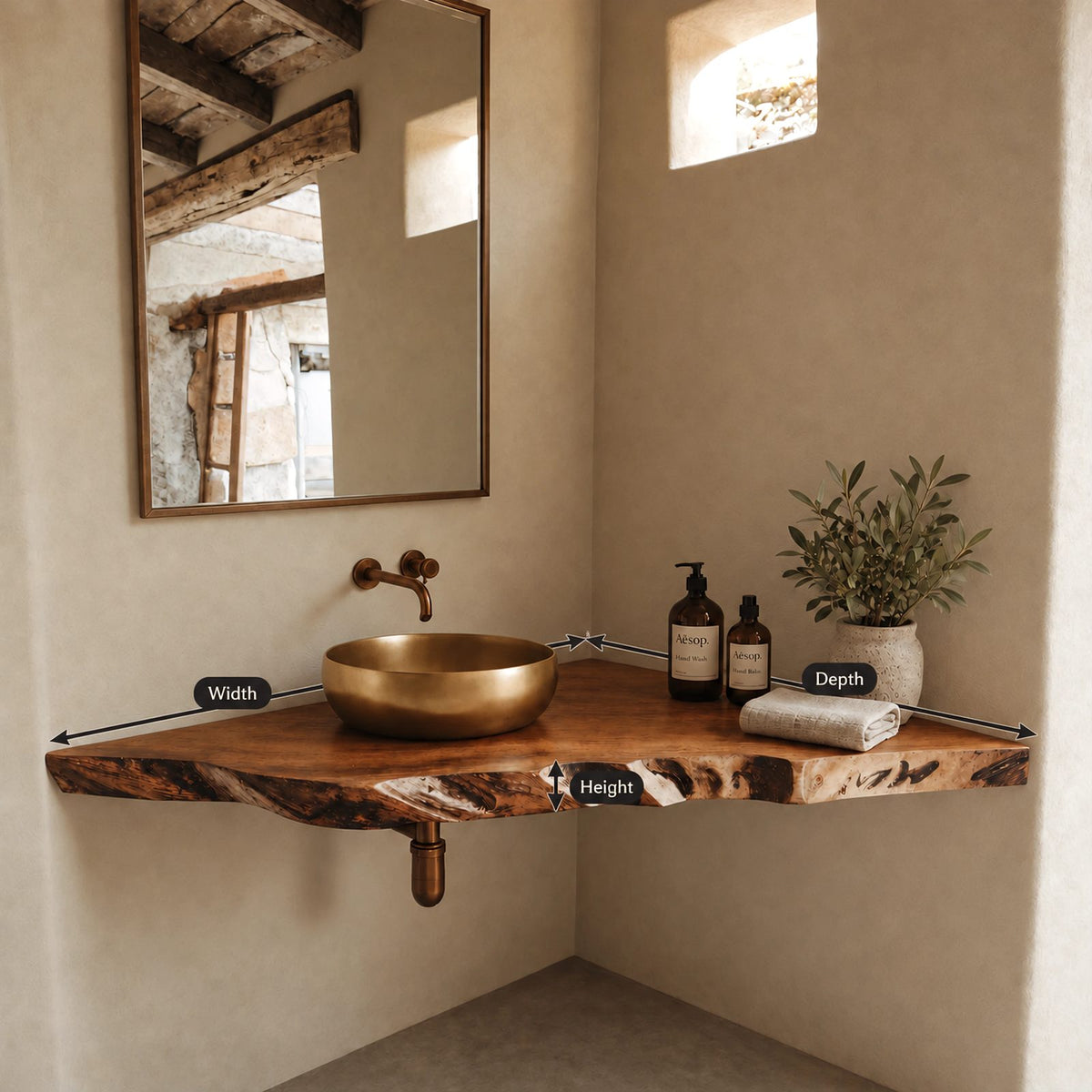 Farmhouse Live Edge Corner Bathroom Vanity With Floating Slab Top
