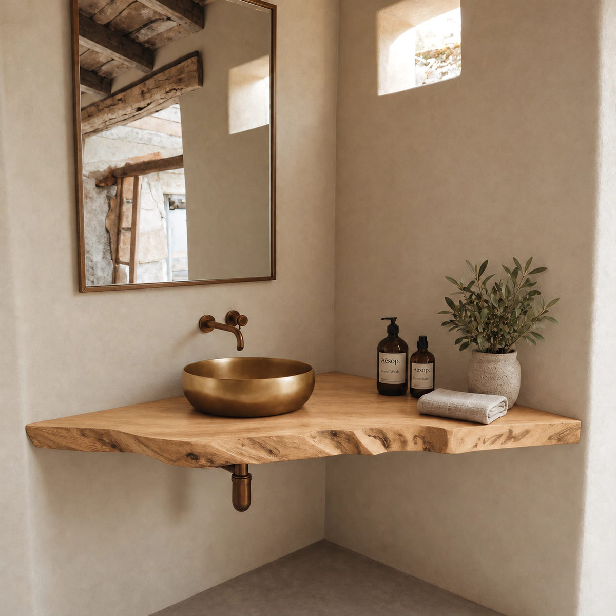 Farmhouse Live Edge Corner Bathroom Vanity With Floating Slab Top