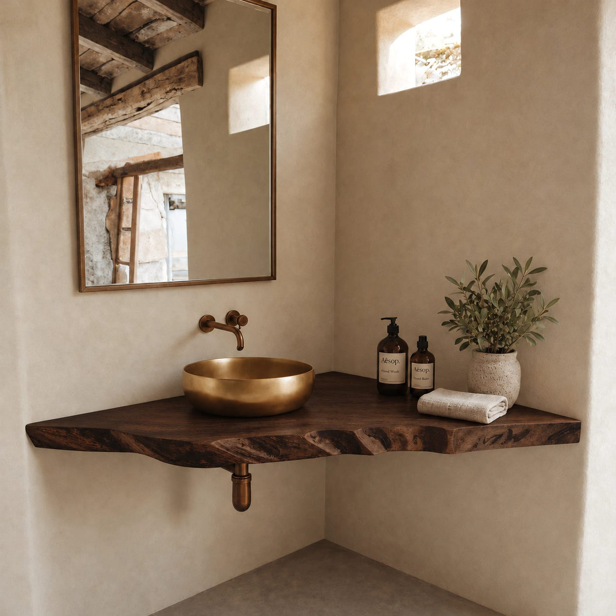 Farmhouse Live Edge Corner Bathroom Vanity With Floating Slab Top