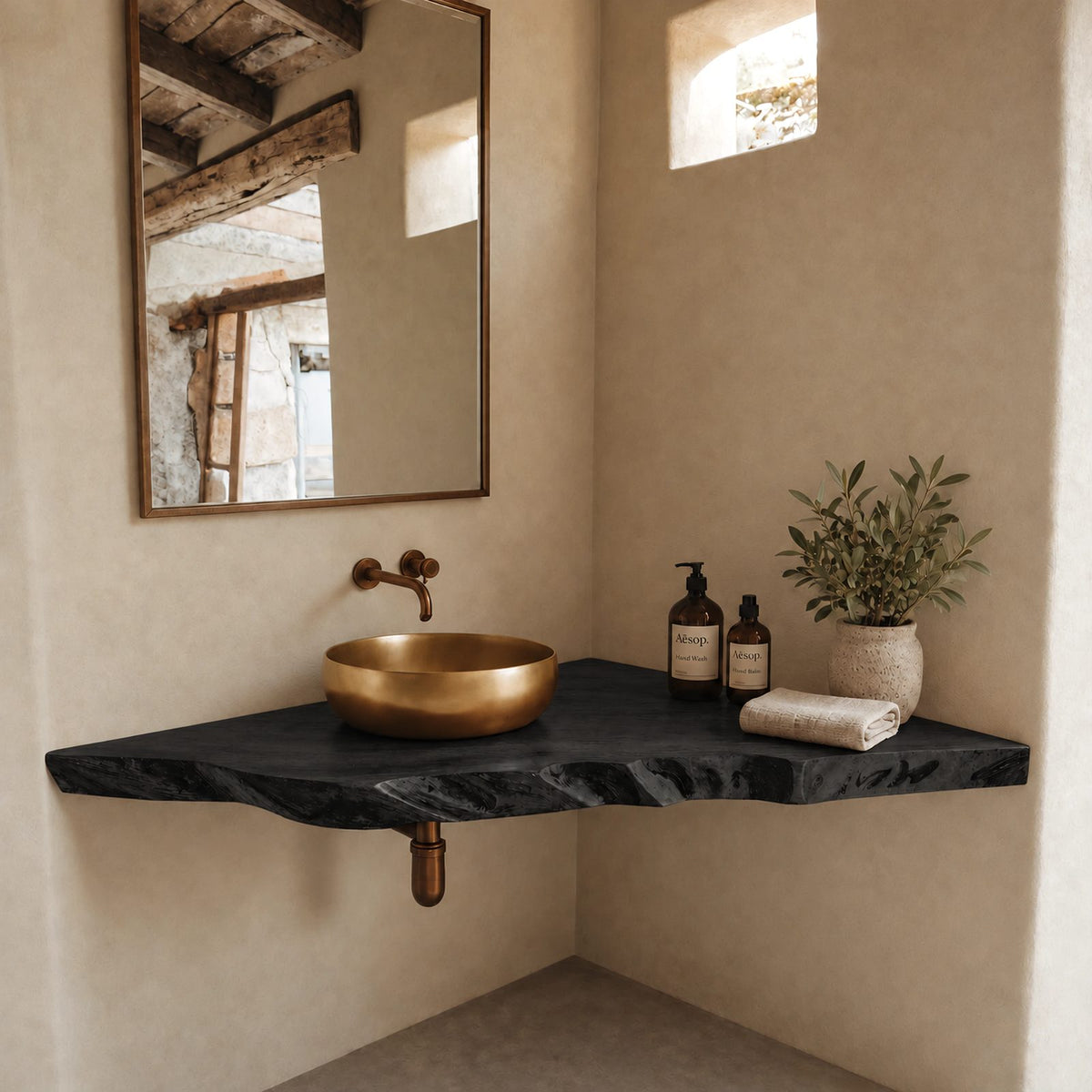 Farmhouse Live Edge Corner Bathroom Vanity With Floating Slab Top