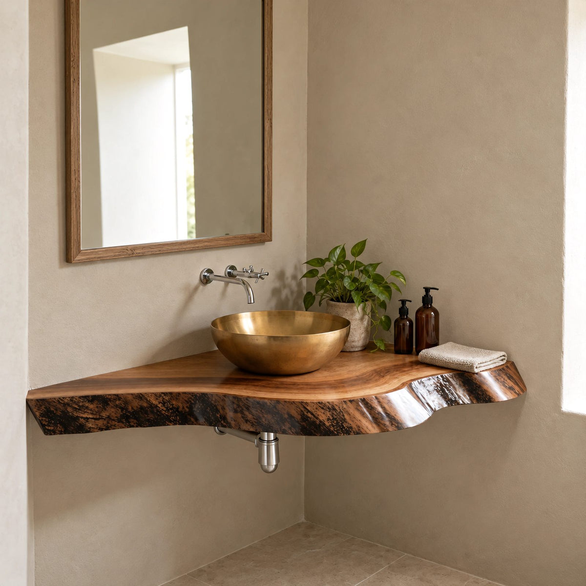 Contemporary Floating Corner Bathroom Vanity With Curved Live Edge