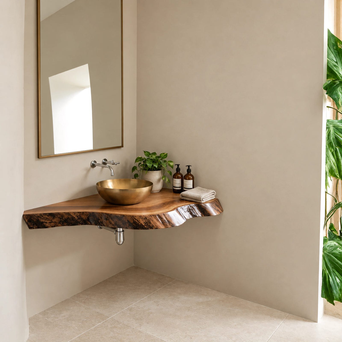 Contemporary Floating Corner Bathroom Vanity With Curved Live Edge
