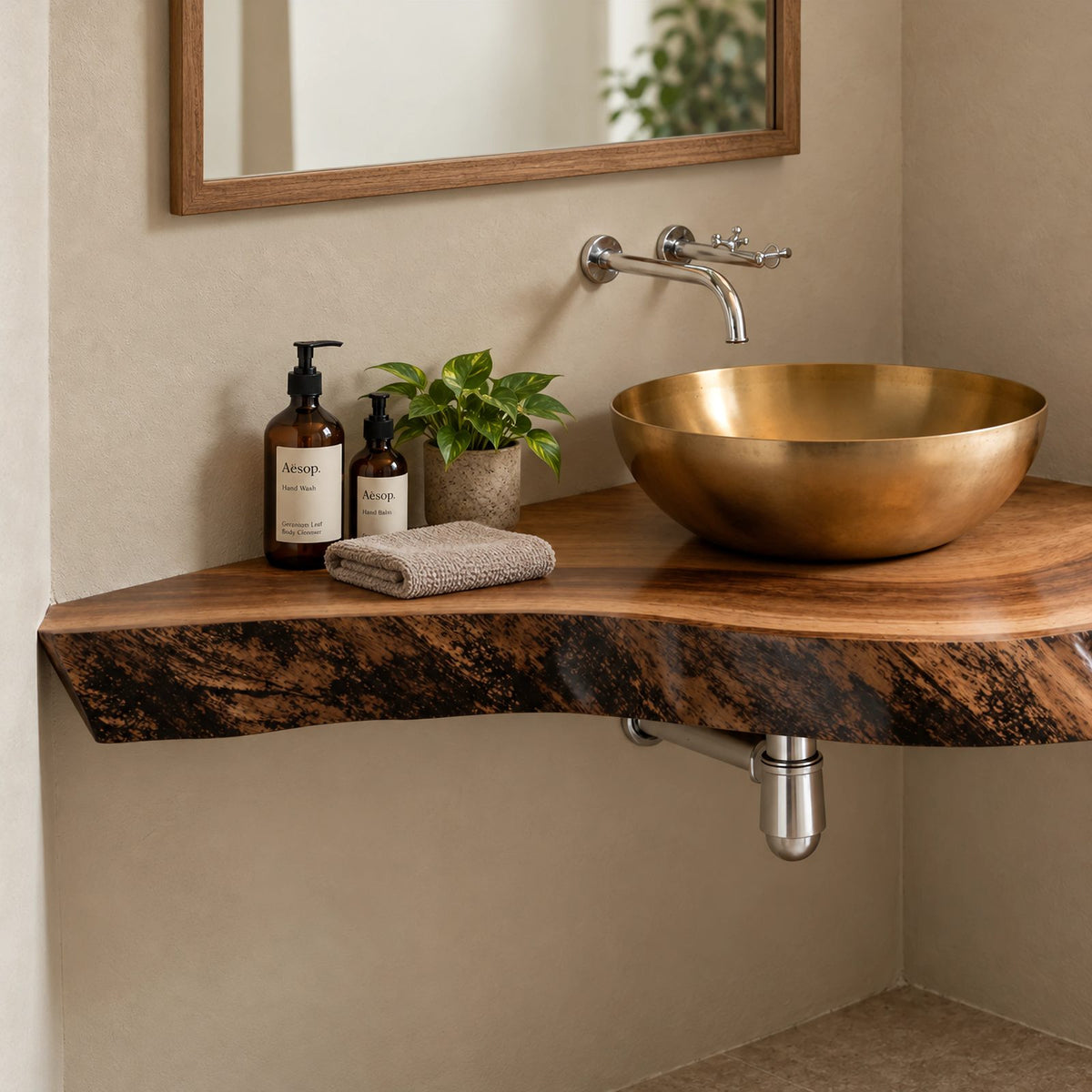 Contemporary Floating Corner Bathroom Vanity With Curved Live Edge