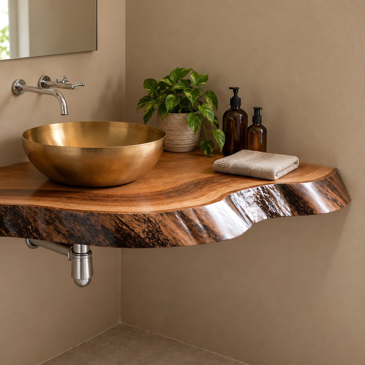 Contemporary Floating Corner Bathroom Vanity With Curved Live Edge