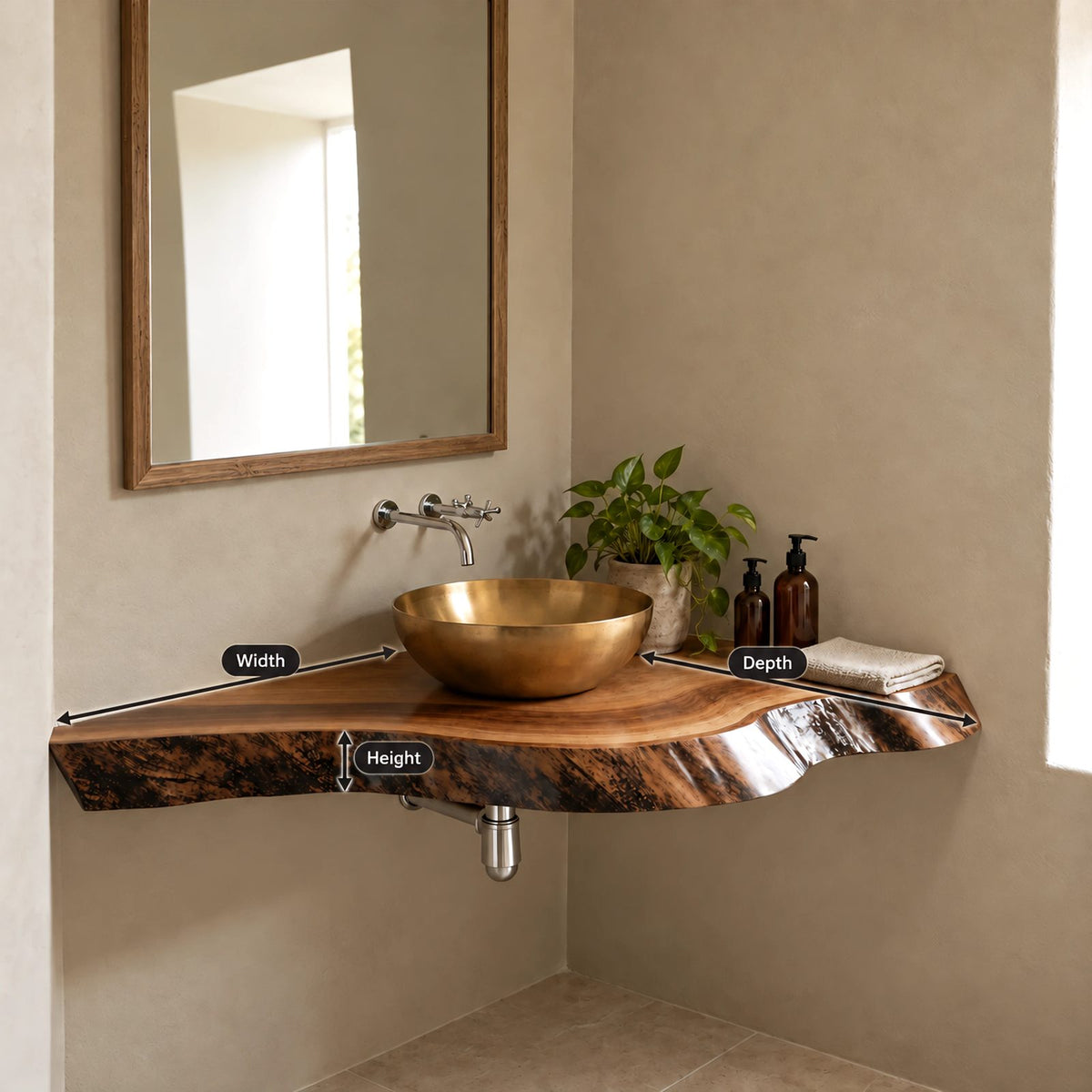 Contemporary Floating Corner Bathroom Vanity With Curved Live Edge