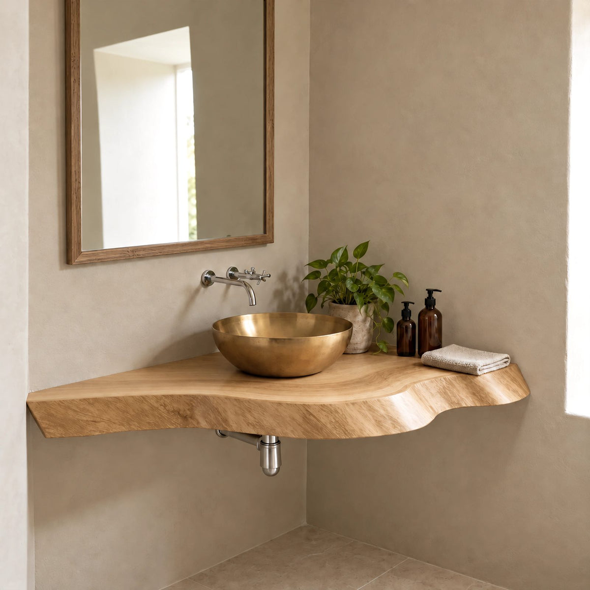 Contemporary Floating Corner Bathroom Vanity With Curved Live Edge