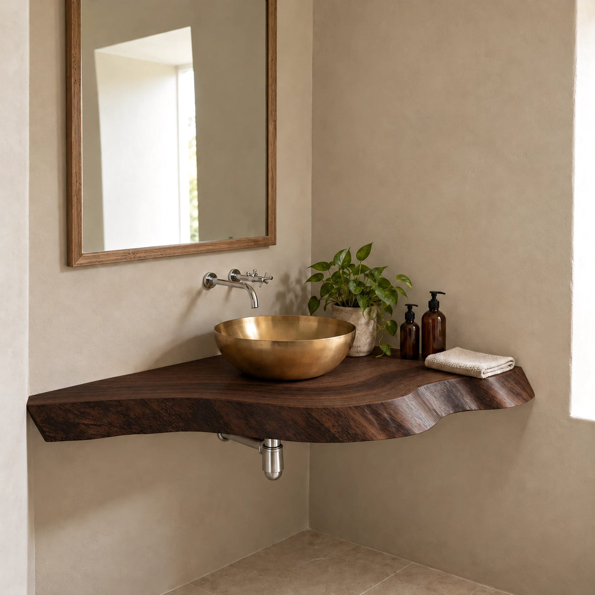 Contemporary Floating Corner Bathroom Vanity With Curved Live Edge