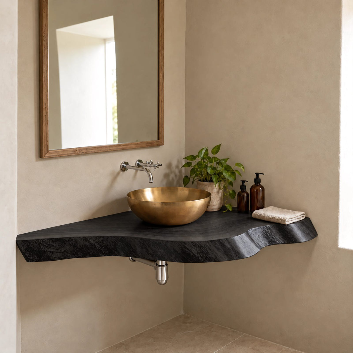 Contemporary Floating Corner Bathroom Vanity With Curved Live Edge
