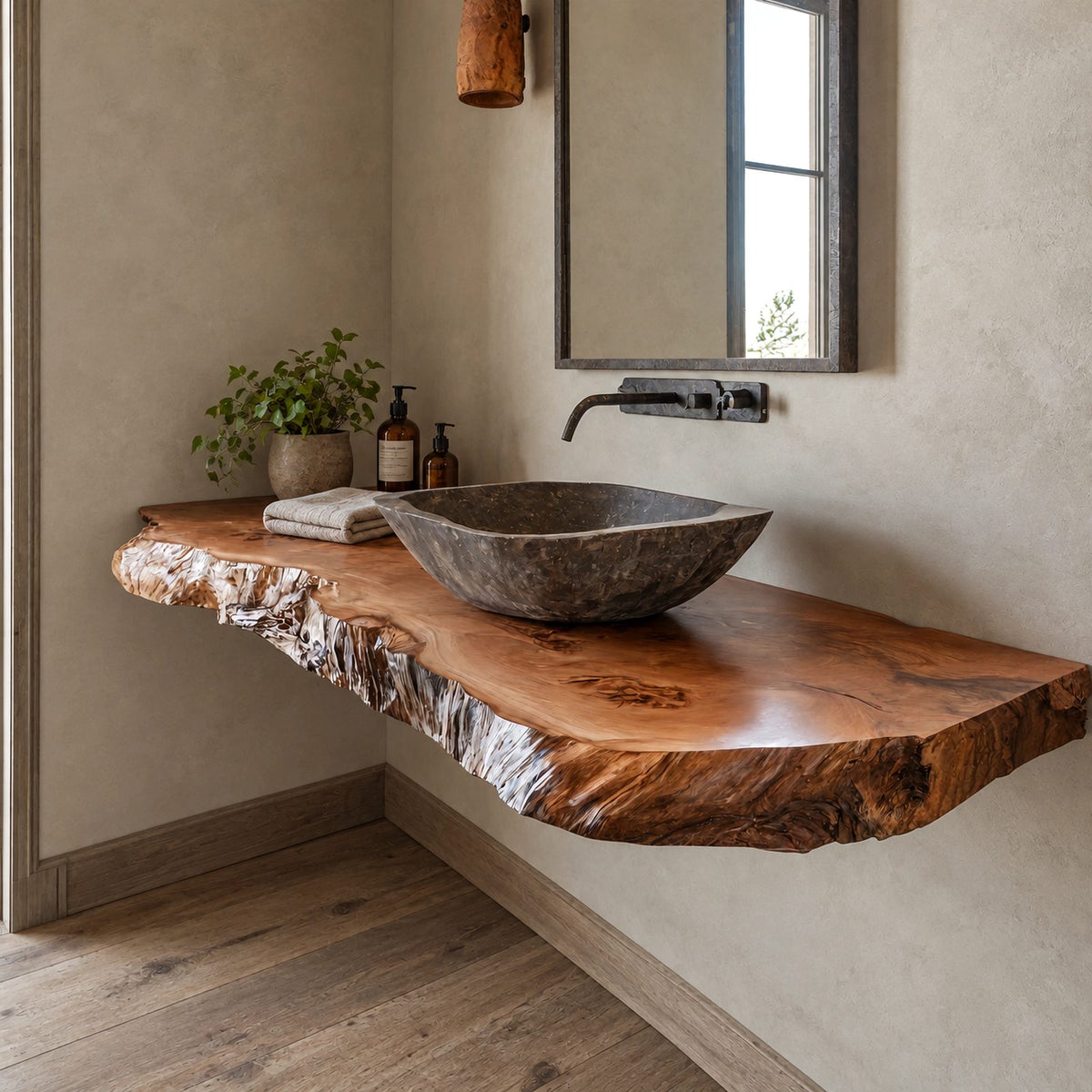 Handcrafted Live Edge Wall Mounted Bathroom Vanity With Raw Wood Edge