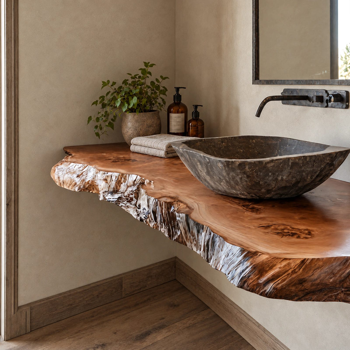 Handcrafted Live Edge Wall Mounted Bathroom Vanity With Raw Wood Edge