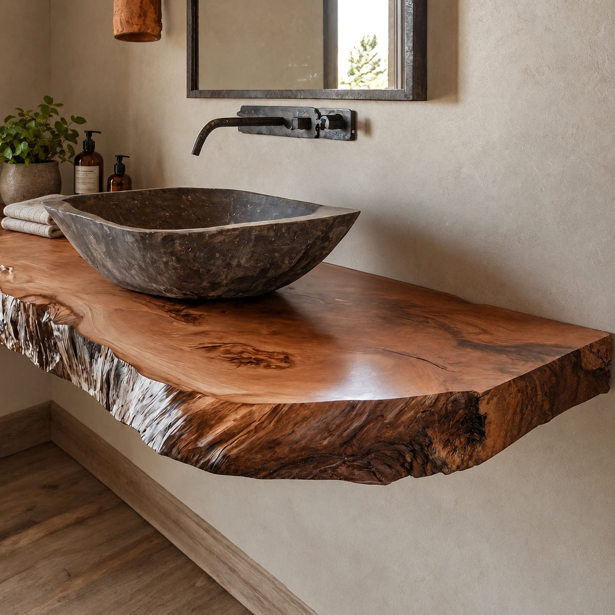 Handcrafted Live Edge Wall Mounted Bathroom Vanity With Raw Wood Edge