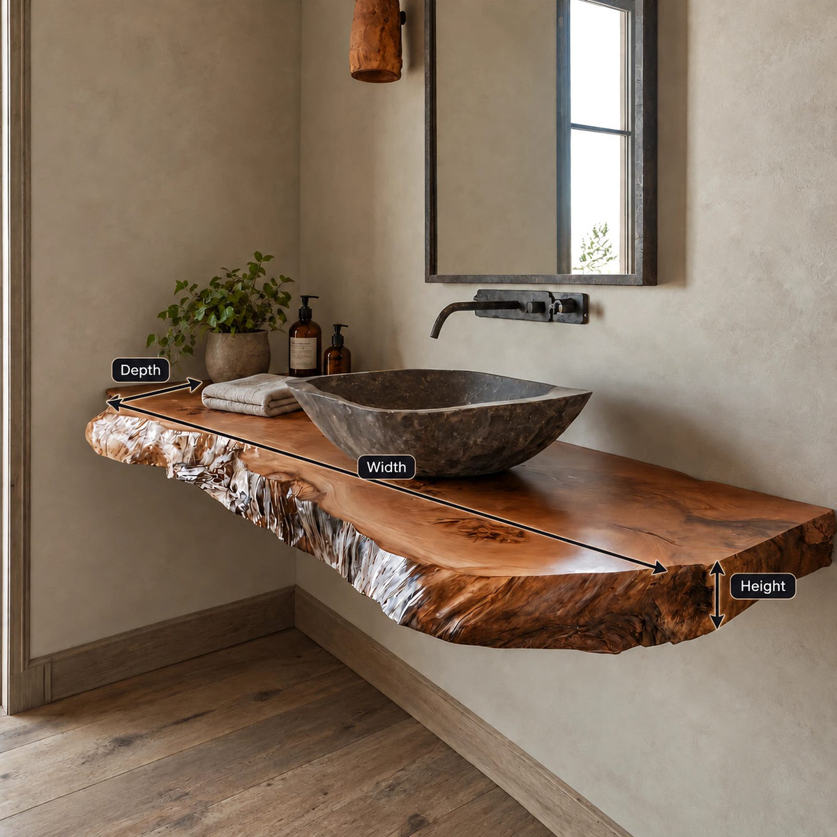 Handcrafted Live Edge Wall Mounted Bathroom Vanity With Raw Wood Edge