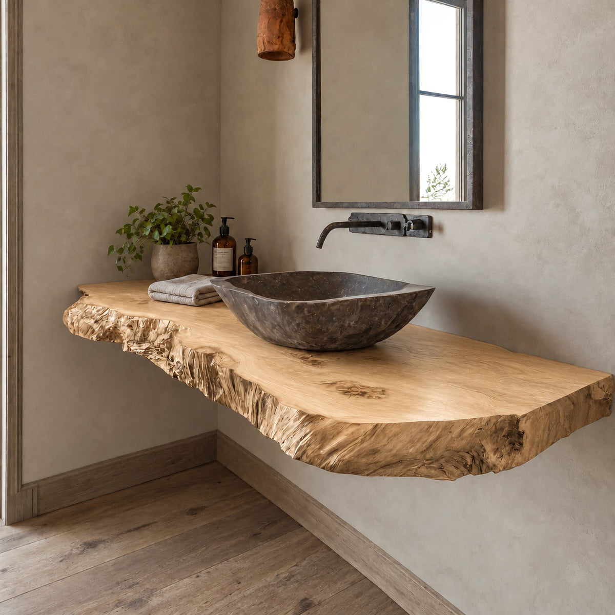 Handcrafted Live Edge Wall Mounted Bathroom Vanity With Raw Wood Edge