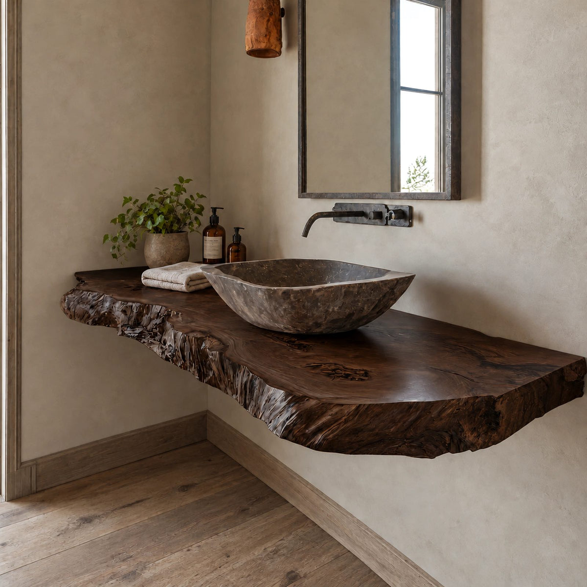 Handcrafted Live Edge Wall Mounted Bathroom Vanity With Raw Wood Edge