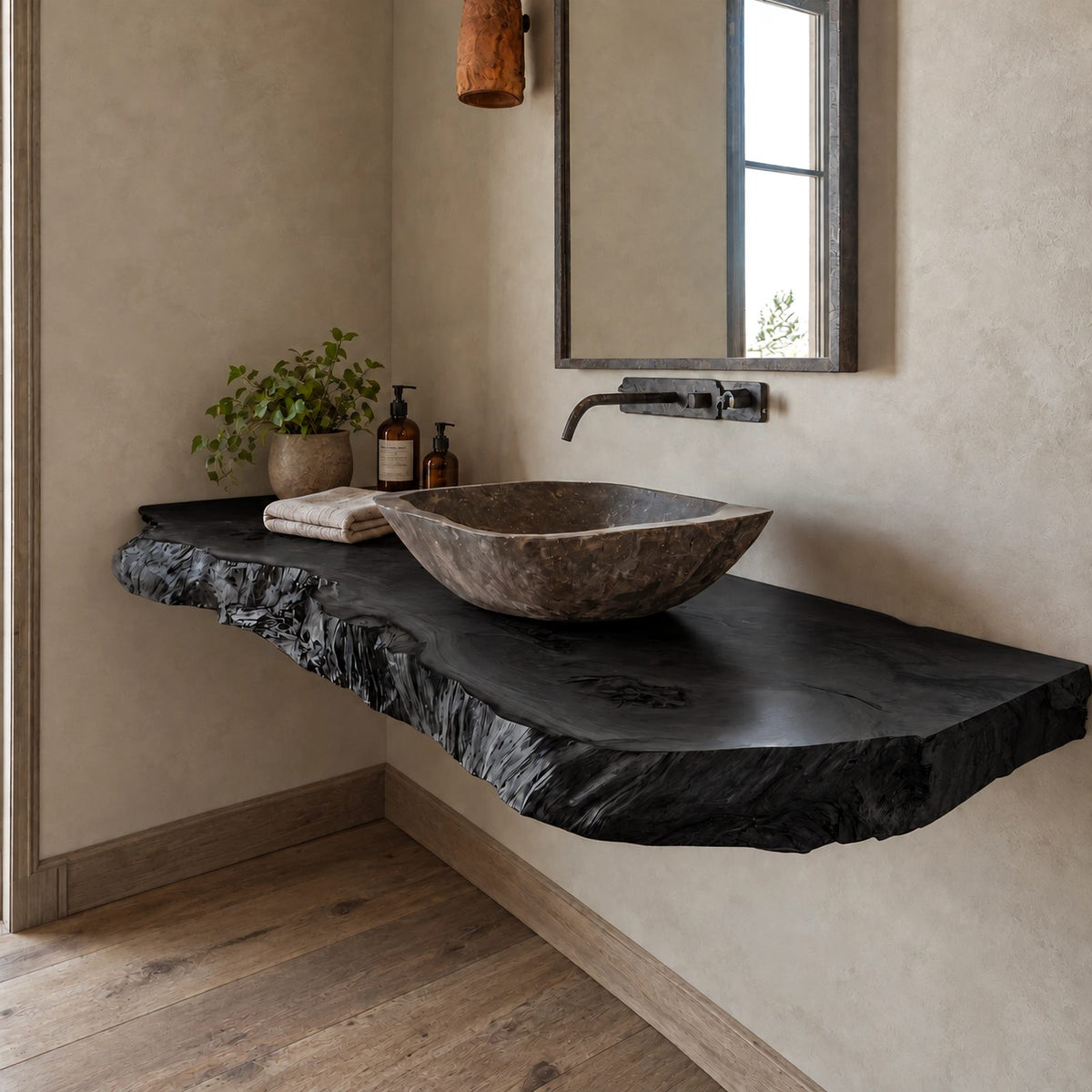 Handcrafted Live Edge Wall Mounted Bathroom Vanity With Raw Wood Edge