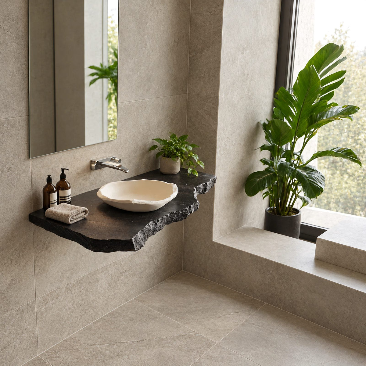Japandi Live Edge Floating Bathroom Vanity Top With Chiseled Raw Edge