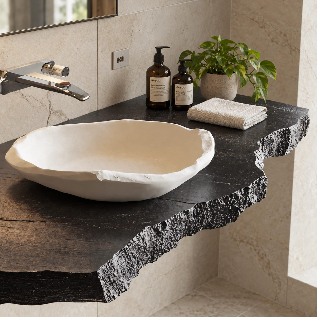 Japandi Live Edge Floating Bathroom Vanity Top With Chiseled Raw Edge