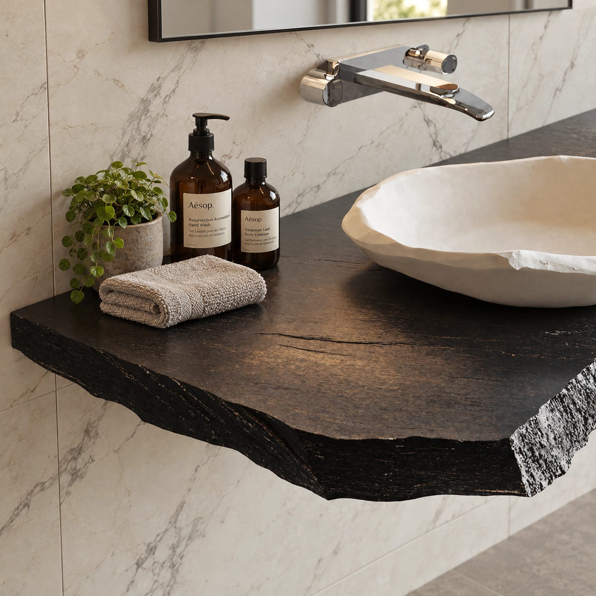 Japandi Live Edge Floating Bathroom Vanity Top With Chiseled Raw Edge