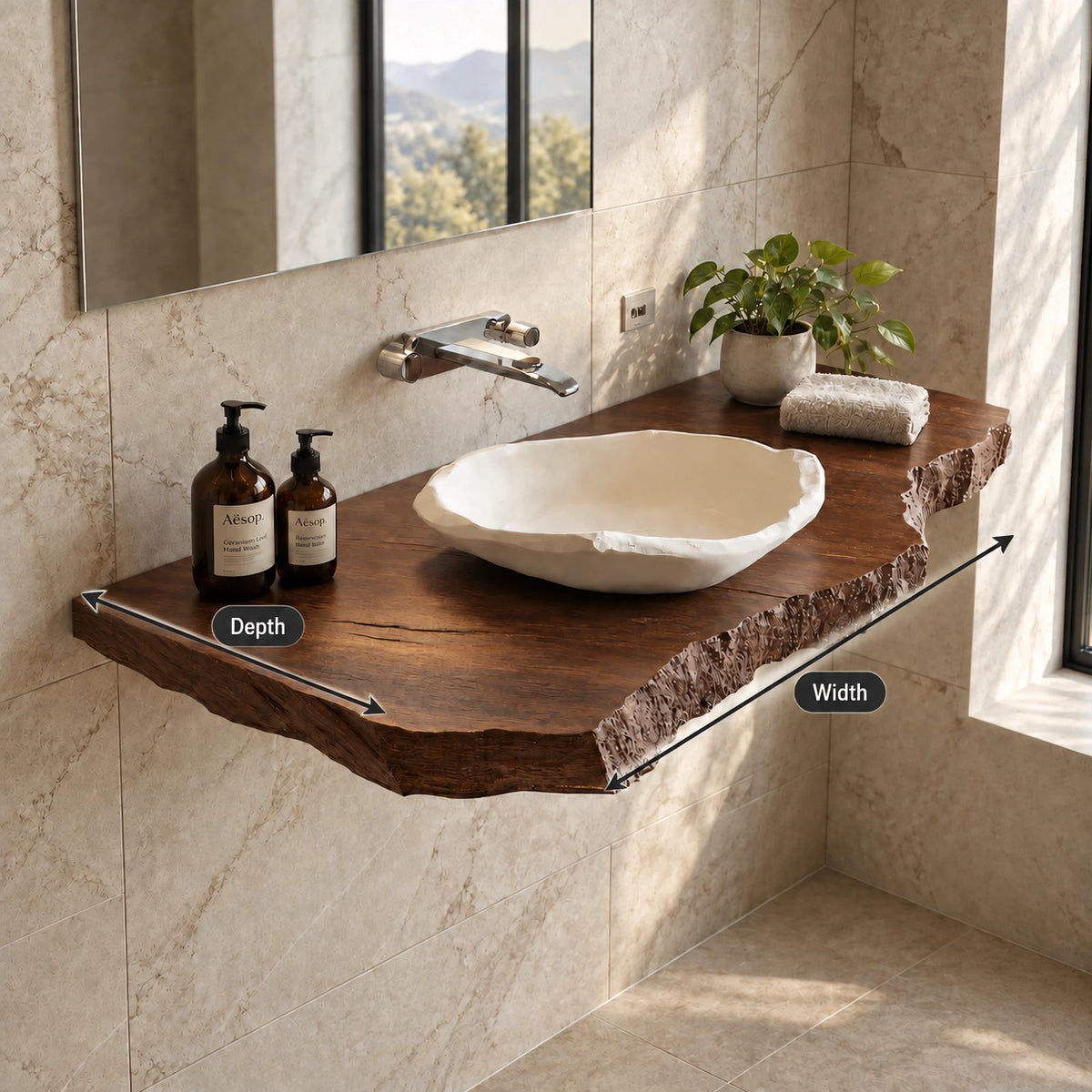 Japandi Live Edge Floating Bathroom Vanity Top With Chiseled Raw Edge