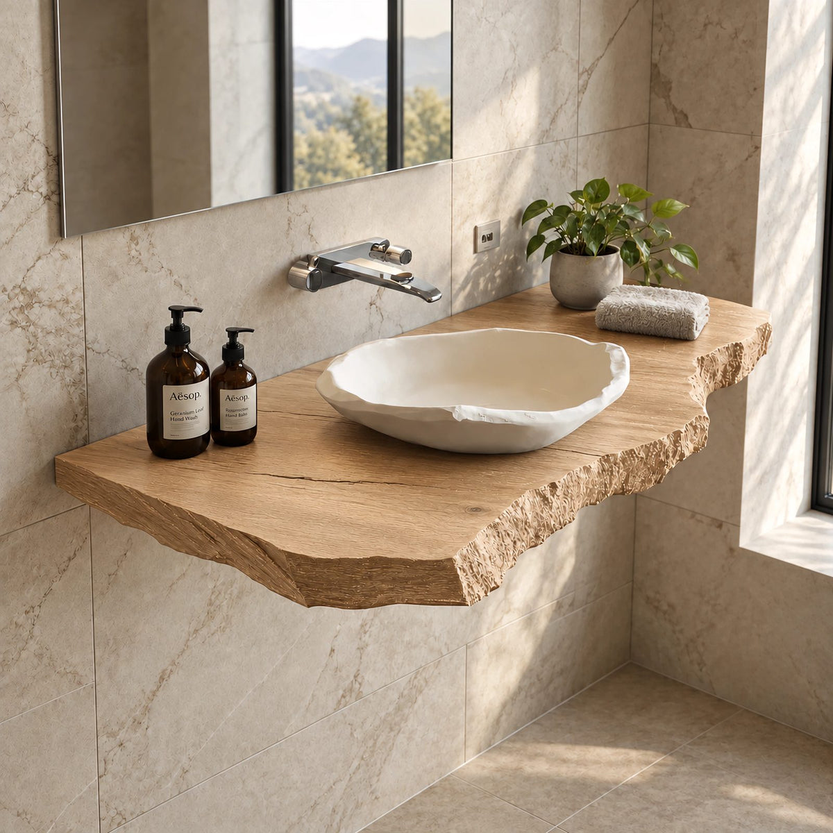 Japandi Live Edge Floating Bathroom Vanity Top With Chiseled Raw Edge