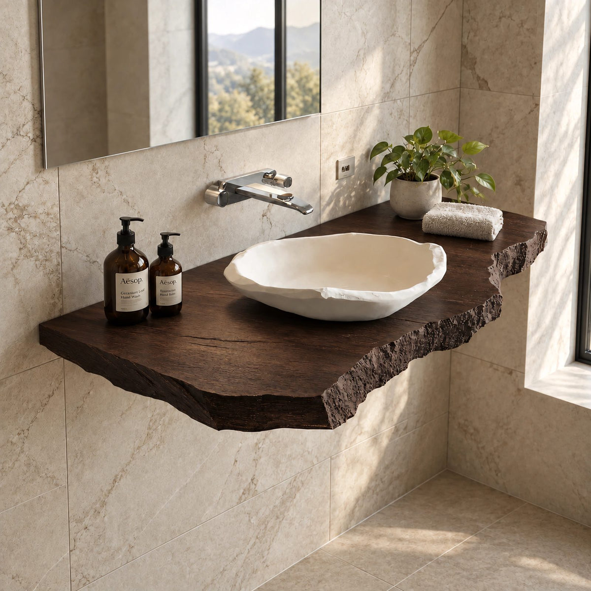 Japandi Live Edge Floating Bathroom Vanity Top With Chiseled Raw Edge