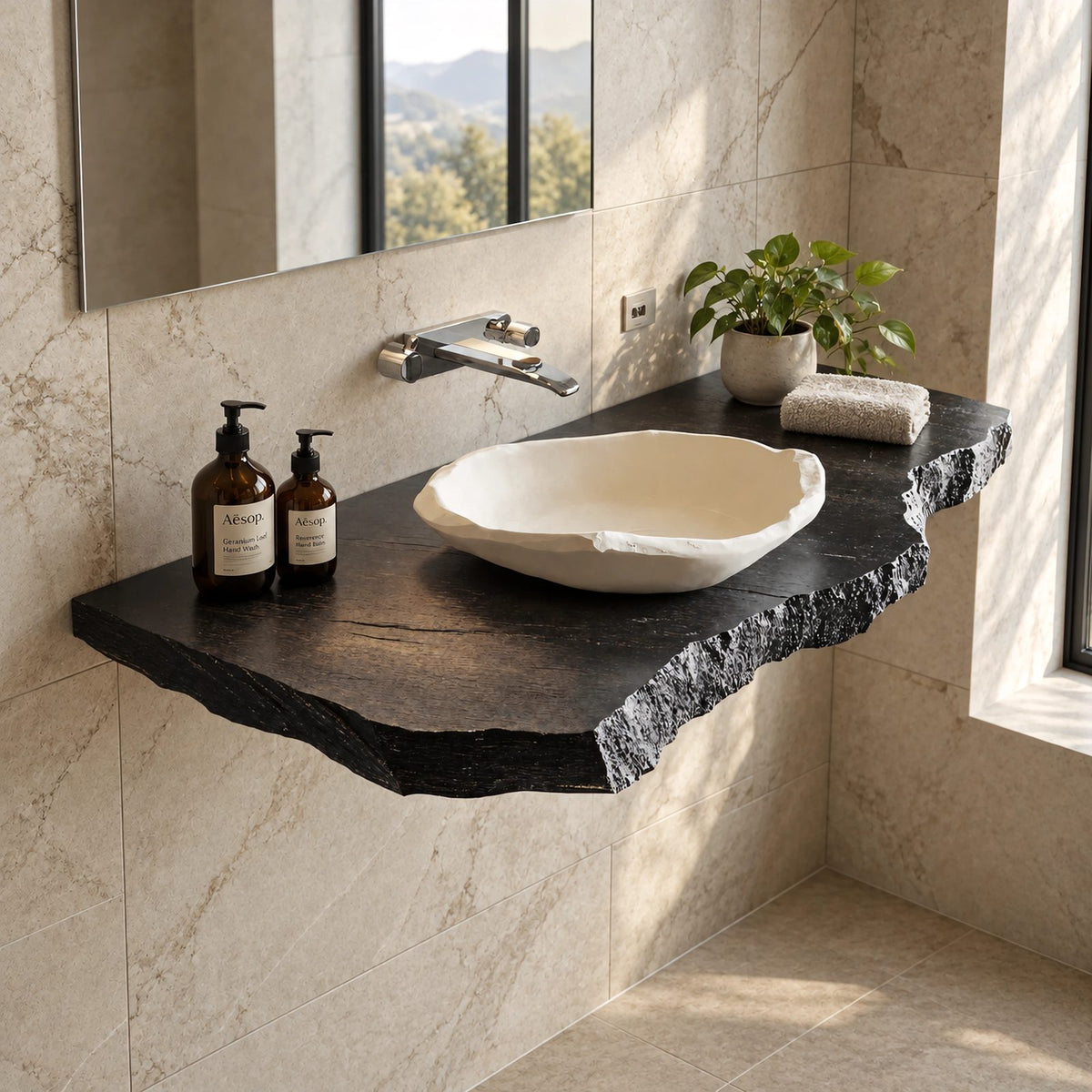 Japandi Live Edge Floating Bathroom Vanity Top With Chiseled Raw Edge