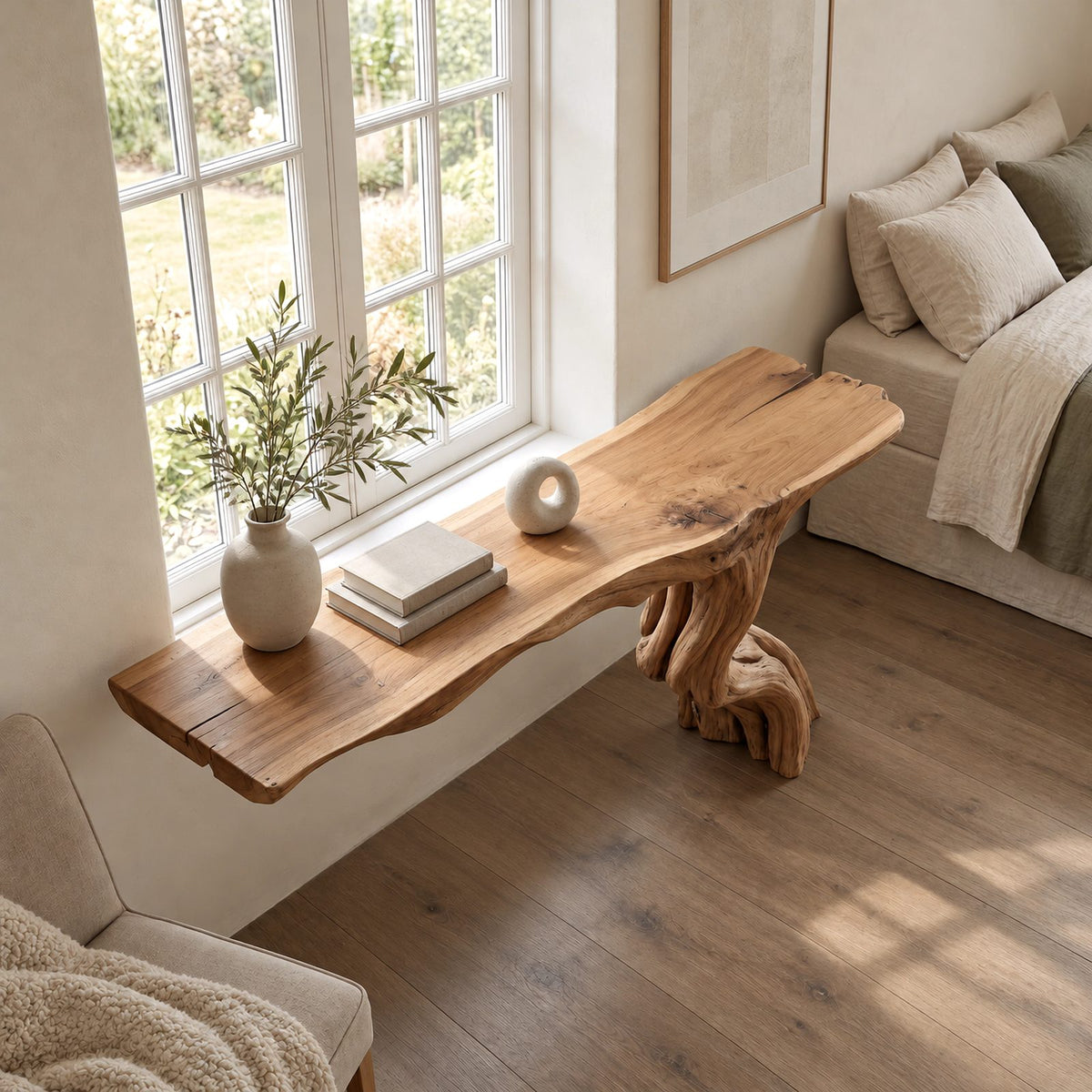 Rustic Driftwood Console Table With Twisted Root Base For Entryway
