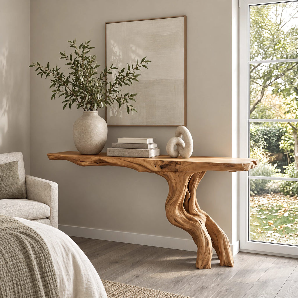 Rustic Driftwood Console Table With Twisted Root Base For Entryway